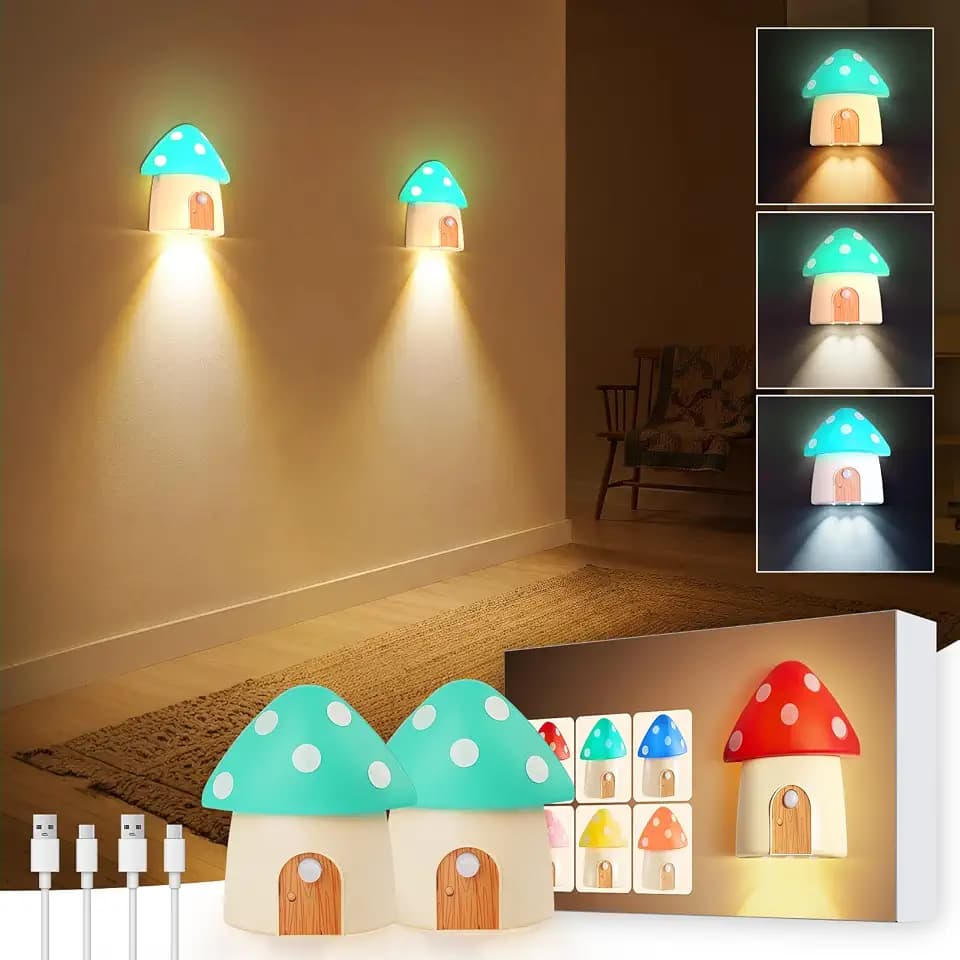 StarryEver Motion Sensor Night Light, Rechargeable Stair Lights Indoor,3 Lighting Modes, Cute Mushroom Design for Kid's Bedroom, Kitchen, Bathroom, Hallway, Stairs, Home Decor & Gift, Green, 2 Pack