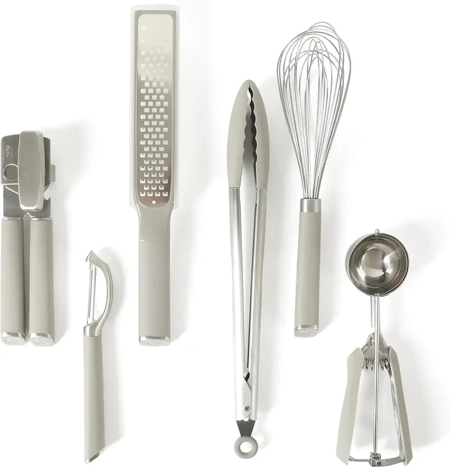 Calphalon Edge 6-Piece Stainless Steel Kitchen Tool & Gadget Set, Kitchen Utensil Set with Silicone Accent, Can opener, Straight peeler, Grater, Tongs, Balloon whisk and Scoop (Taupe)