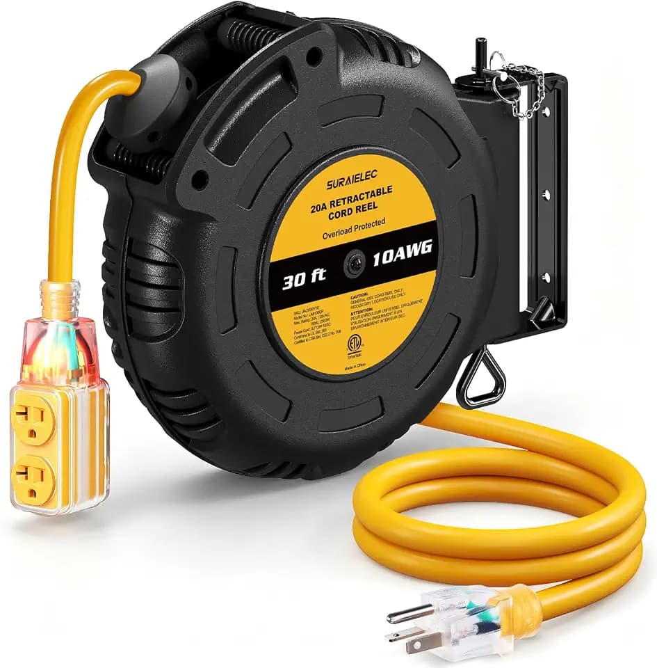 SURAIELEC 30FT Retractable Extension Cord Reel, 10AWG, 20A, ETL Listed