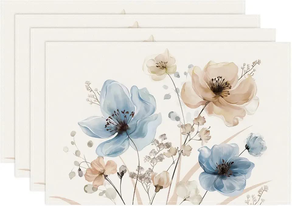 Bonhause Watercolor Floral Placemats Set of 4, 12x18 Inch Blue Brown Flower Leaves Kitchen Dining Table Mats Washable Place Mats for Indoor Outdoor Home Party Decor
