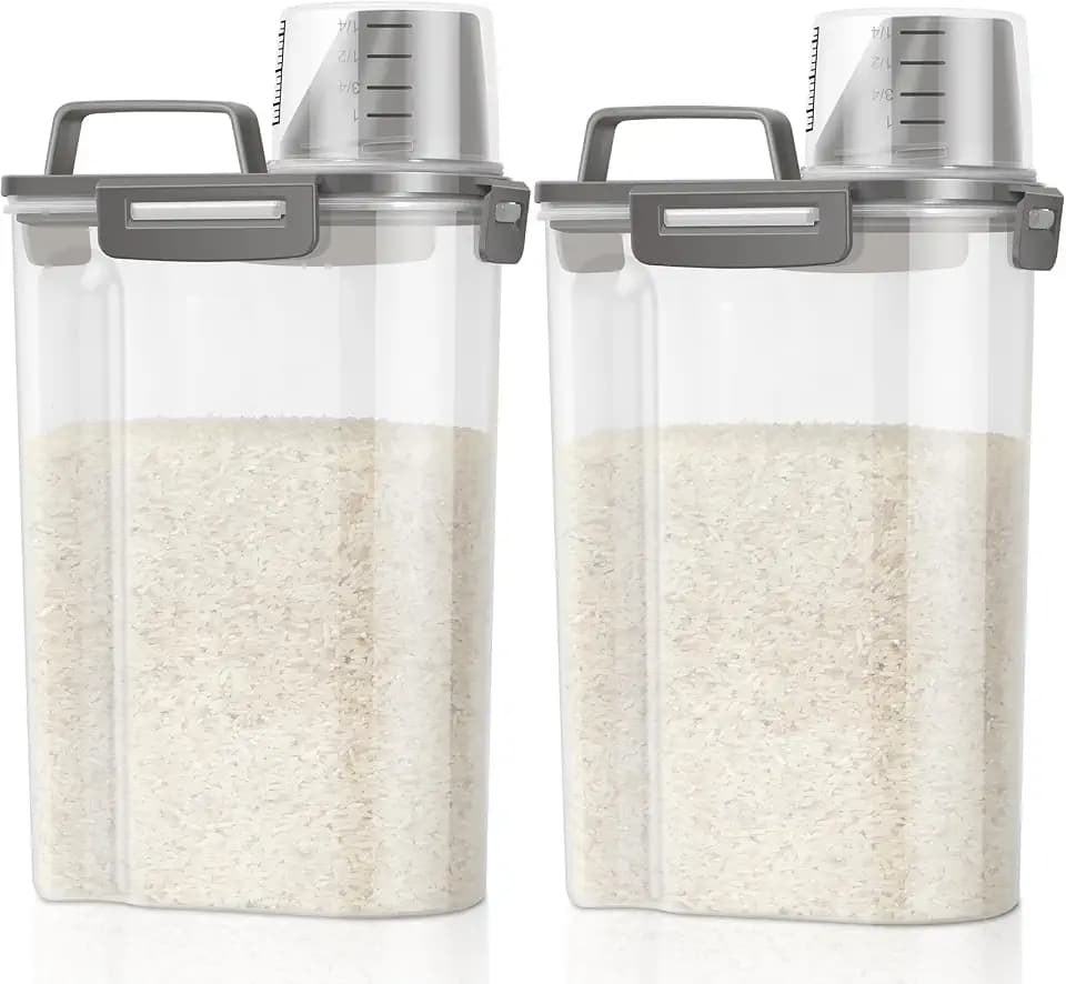 TBMax Rice Container Cereal Storage Container 2 Pack 5 Lbs, Kitchen Pantry Dry Food Storage Holder with Easy-Pouring Spout & Handy Cup, Small Pet Dog Cat Food Dispenser for Daily Feeding -Grey