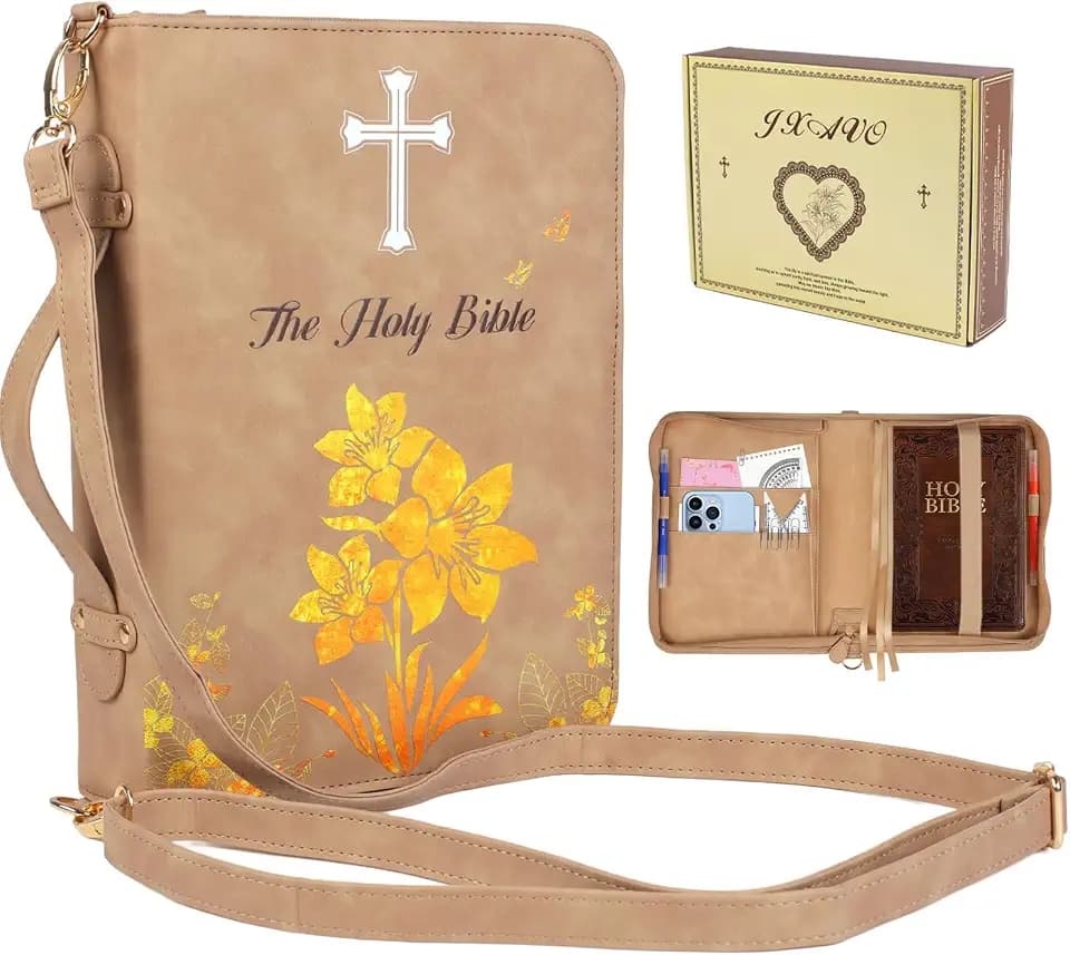Bible Cover Case for Women & Men, JXAVO PU Leather Bible Covers, Large Bible Carrying Book Case with Handle & Shoulder Strap, Bible Cases with Zippered Pocket, Bibles Bag Accessories for Girls Boys