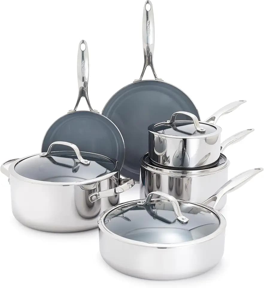 GreenPan Valencia Pro Tri-Ply Stainless Steel 10 Piece Cookware Set, PFAS-Free Ceramic Nonstick Coating, Induction Ready Pots & Pans, All Cooktops, Dishwasher & Oven Safe to 600F