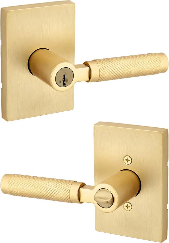 Kwikset Prava Entry Door Knurled Handle with Lock and Key, Secure Keyed Reversible Lever Exterior, for Front Entrance and Bedrooms, Satin Brass, Pick Resistant Smartkey Rekey Security