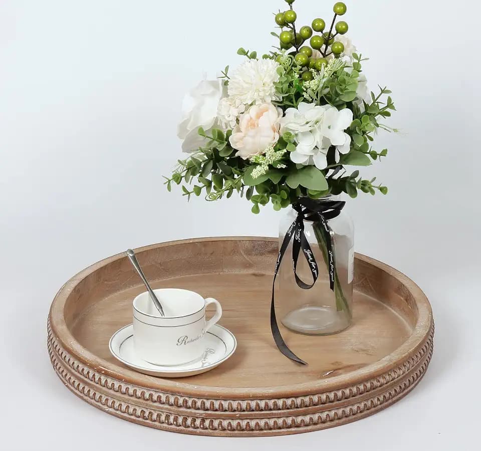 Carah & Cossh Round Wooden Serving Tray, Whitewashed Round Decorative Wood Tray, Round Farmhouse Rustic Decorative Tray, Perfect for Storage and Display (Brown)