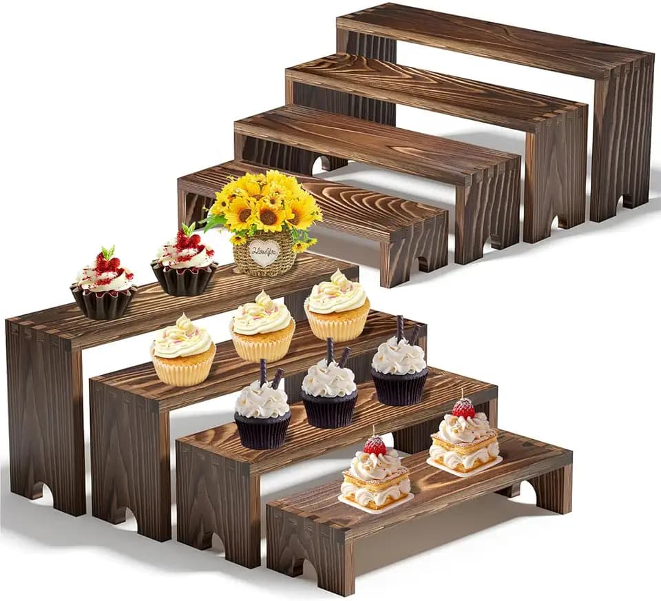 Large 2 Set Stackable Wooden Cupcake Stand Tiered Riser Display Stands for Vendor Events Vendor Booth Display Items Farmhouse Decor Wood Dessert Table Display Set (Dark Brown, 2Pack)