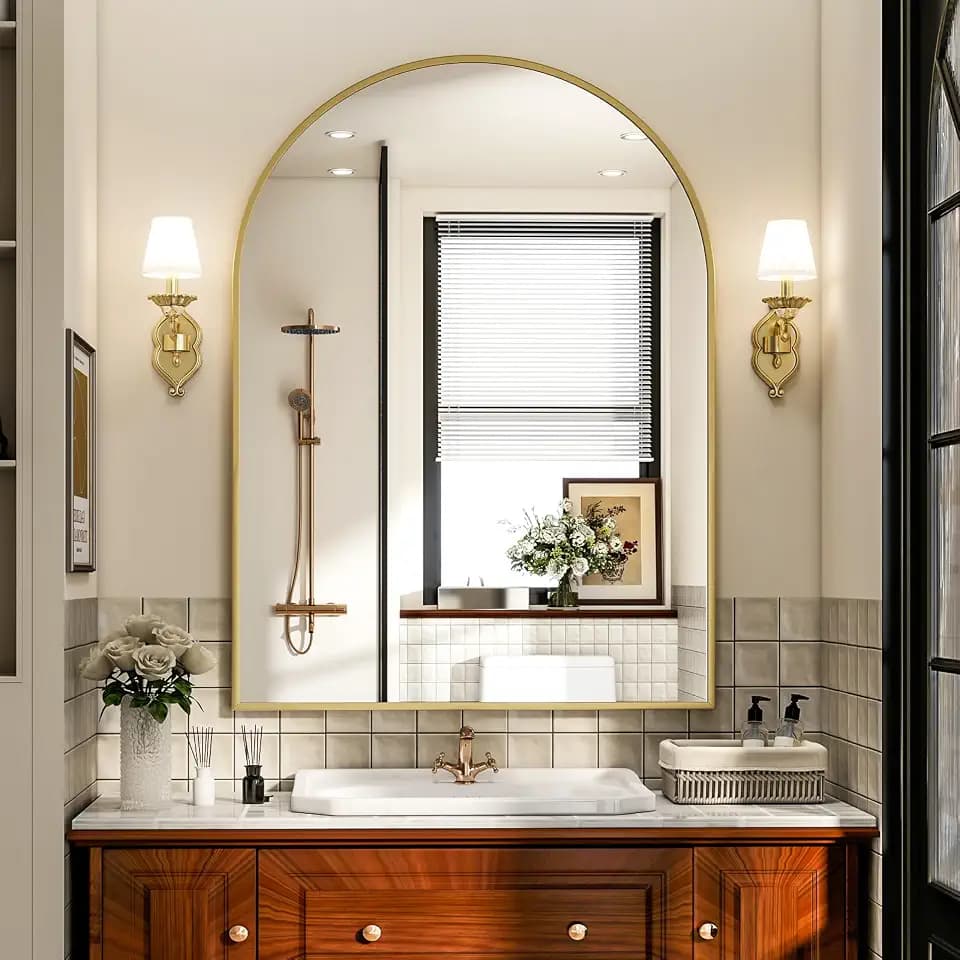 Arch Bathroom Mirror, 24x36 Inch - Wall Mounted Vanity Mirror with Aluminum Alloy Frame - Ideal for Living Room, Bedroom, Bathroom, and Entryway, Hanging or Leaning, Gold