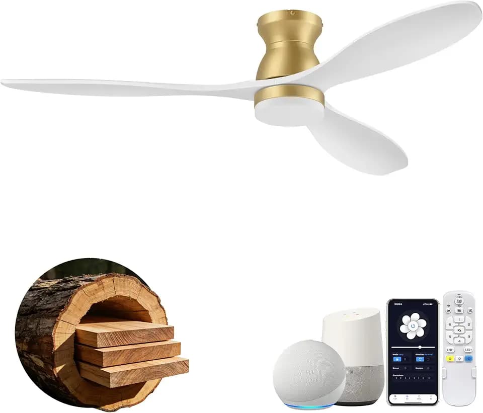52" Smart Flush Mount Ceiling Fans with Light Remote,Low Profile,Gold White