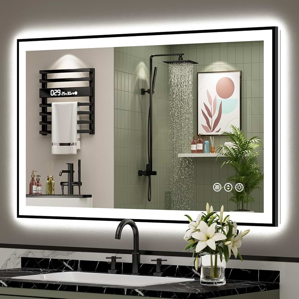 48x30 Black LED Bathroom Mirror, Backlit & Front Lit Lighted Mirror