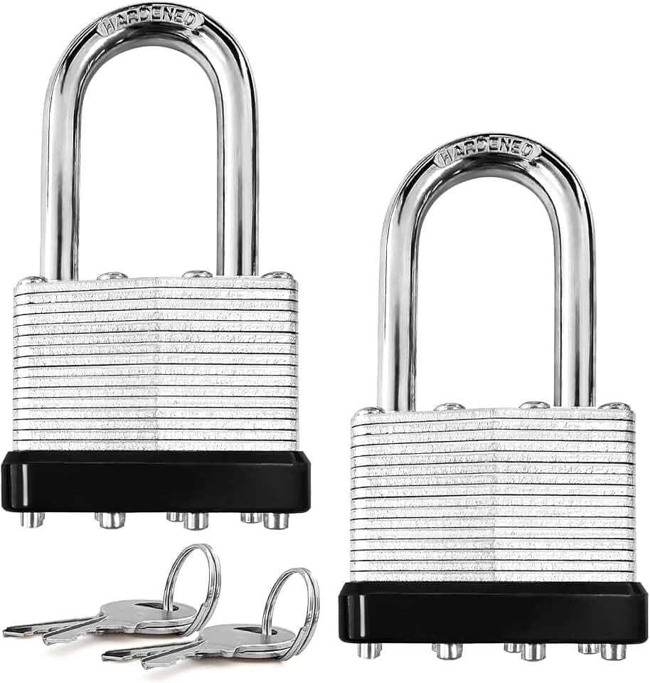 2 Pack Padlocks with Same Key, Heavy Duty Laminated Padlock with Long Hardened Shackle for Indoor/Outdoor Use, Candados para Puertas