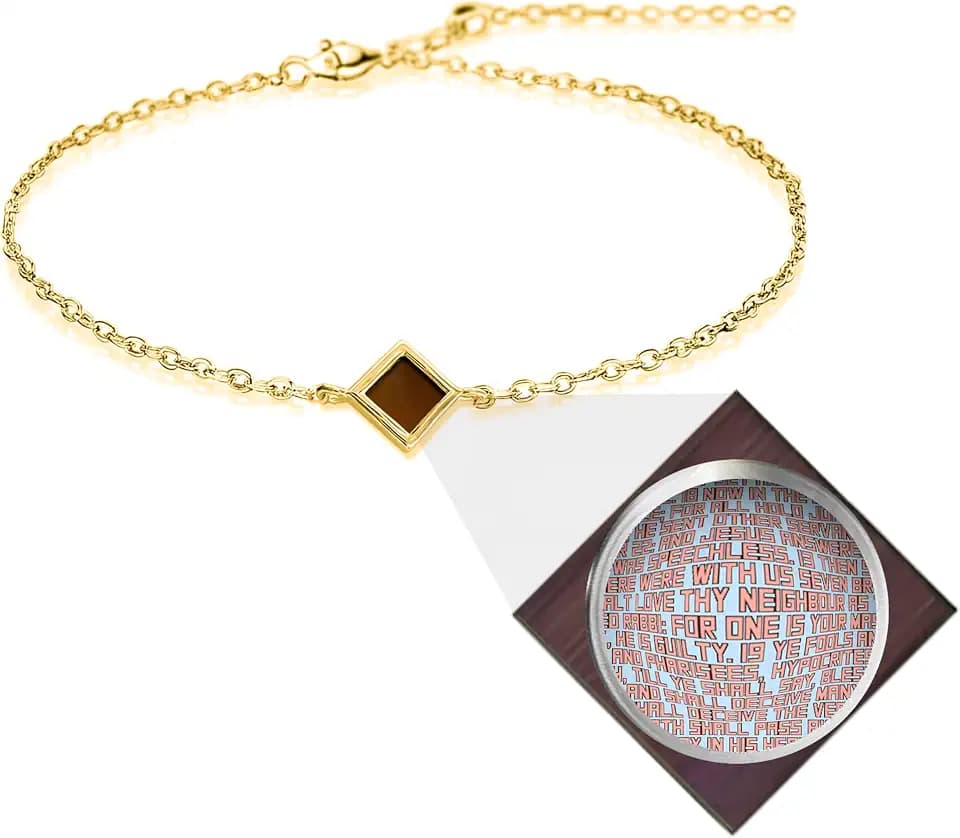 Smallest Nano Bible Christian Charm Bracelet - Tiny Square Rhombus for Women with Entire KJV New Testament Holy Scriptures on 0.2" Microchip, Religious Jewelry for Her, 6.5+2" Extension
