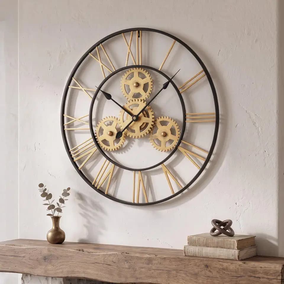 Cuspin 24 Inch Wall Clock Black Gold Industrial Metal Gear Decorative Clock