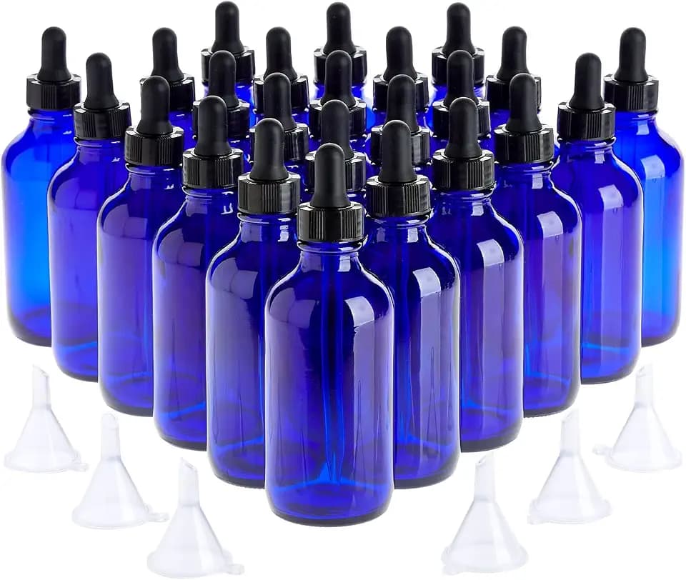 Juvale 30-Piece Glass Dropper Bottle Set for Oil Bottle Storage - Mess-Free Filling with Funnel Set - Protective Blue Glass Vials - 4 oz (120 mL), Pack of 24, 6 Funnels
