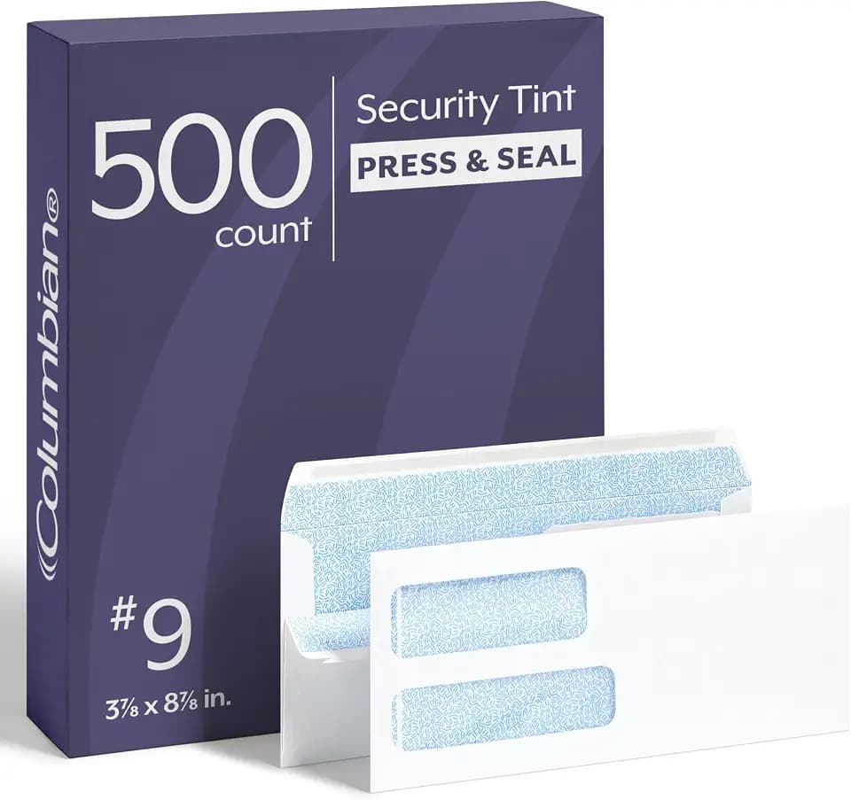 Columbian #9 Security Envelopes, 500 Pack, Double Window Self Seal Envelopes for Invoices and Business Mailings, 3-7/8" x 8-7/8", Durable 24 lb White Paper