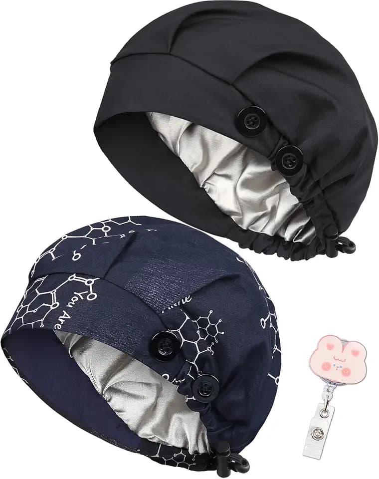 2 Pack Satin Lined Bouffant Scrub Caps with Buttons, Adjustable Scrub Caps for Women Men