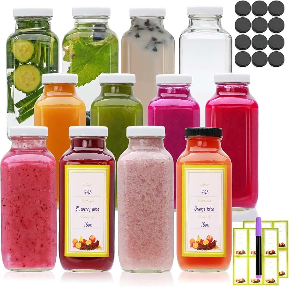 16 oz Juice Bottles with Lids,12 Pcs Reusable Water Glass Bottles