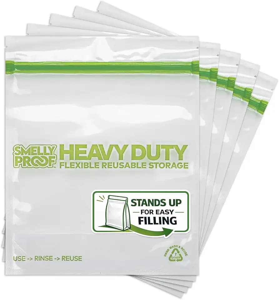 HEAVY DUTY Reusable STAND-UP Bags for Food Storage by Smelly Proof, USA Made, NO PEVA & BPA FREE, Reusable Freezer Bags, Dishwasher-Safe, Triple Zip, CLEAR 5-mils LRG Quart 8.75" x 9.5" - 5pk