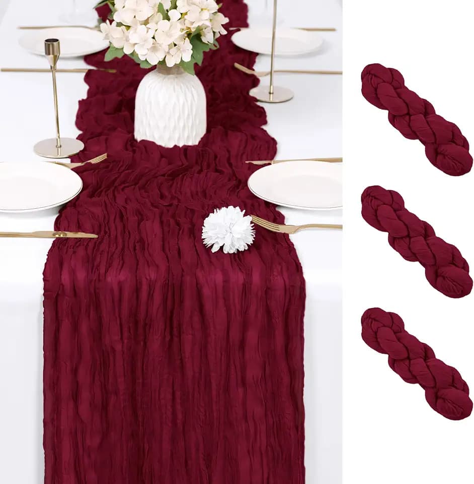 3 Pack Burgundy Cheesecloth Table Runner 17x108 Inch Semi Sheer Boho Gauze Cheese Cloth Fabric Table Runners Table Decor for Wedding Party Baby Shower Birthday Home Decor Garden Farmhouse