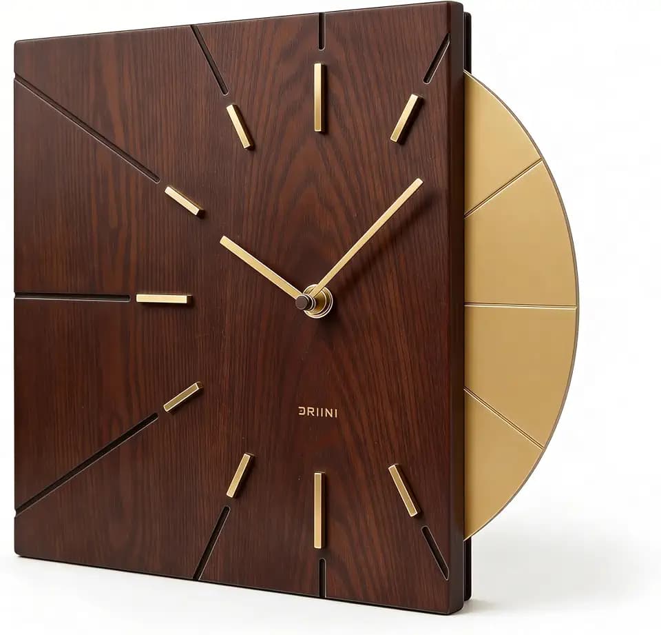 Driini Wood and Gold Mid Century Modern Wall Clock, Battery Operated