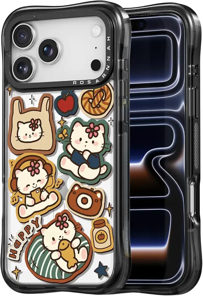 Rosarnnah for iPhone 17 Pro Case Aesthetic Black, Happy Kitty Cat