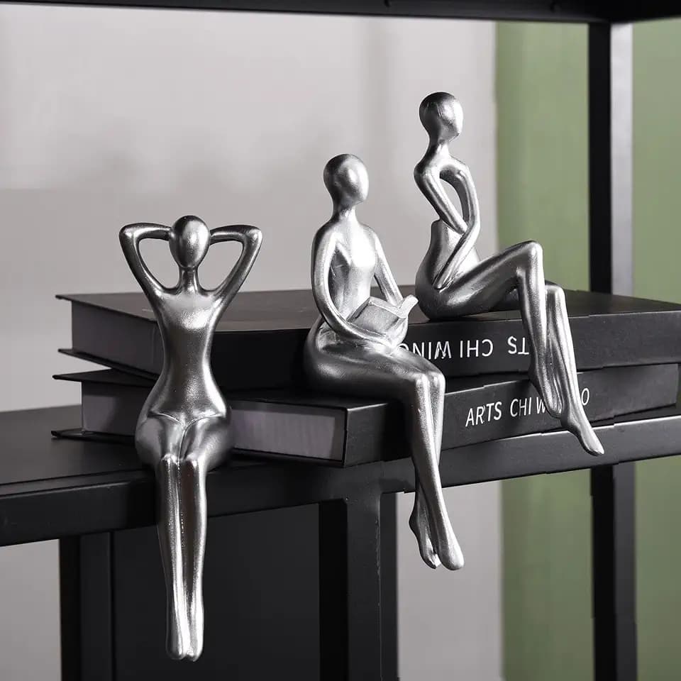 Quoowiit Thinker Statue Office Desk Decor, Silver Art Sculpture Ornament Coffee Table Bookshelf Decor Modern Home Unique Home Decorations for Living Room 3 Piece