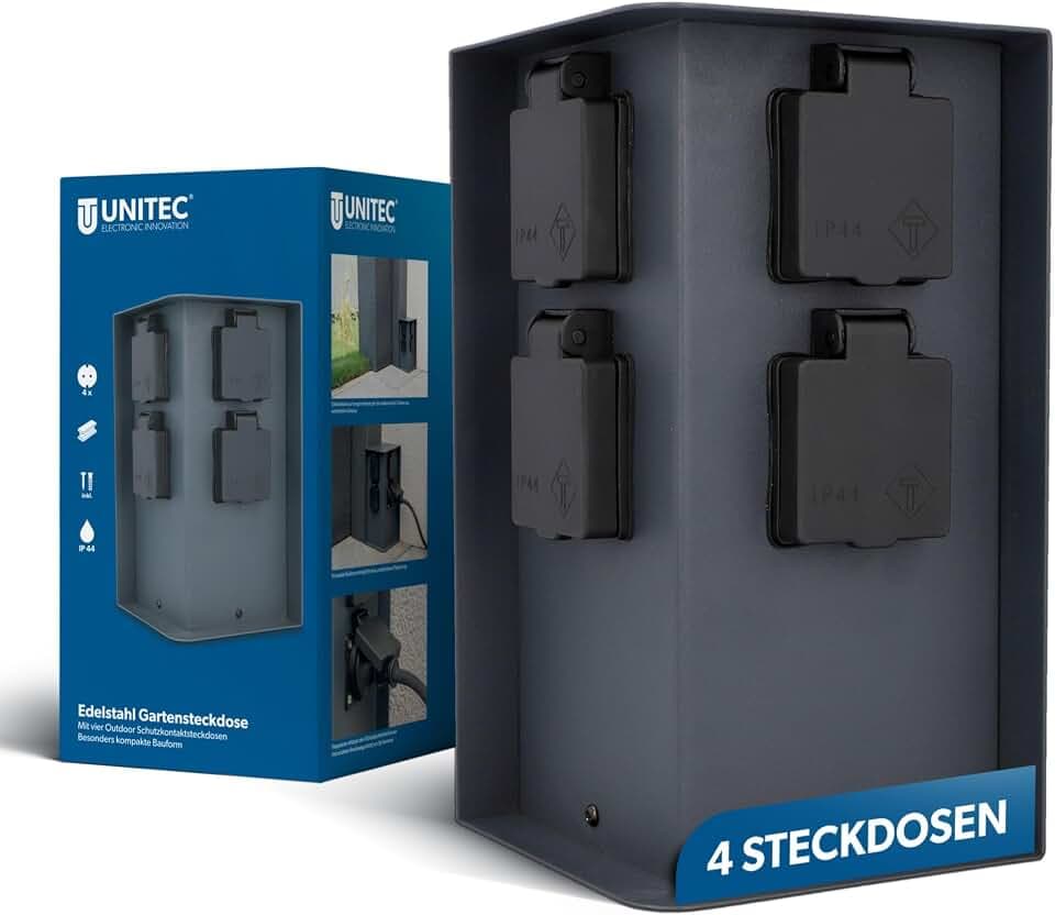 UNITEC Steckdosenverteiler für den Garten, Steckdosensäule, Außensteckdose Edelstahl, IP 44, 4 Steckdosen
