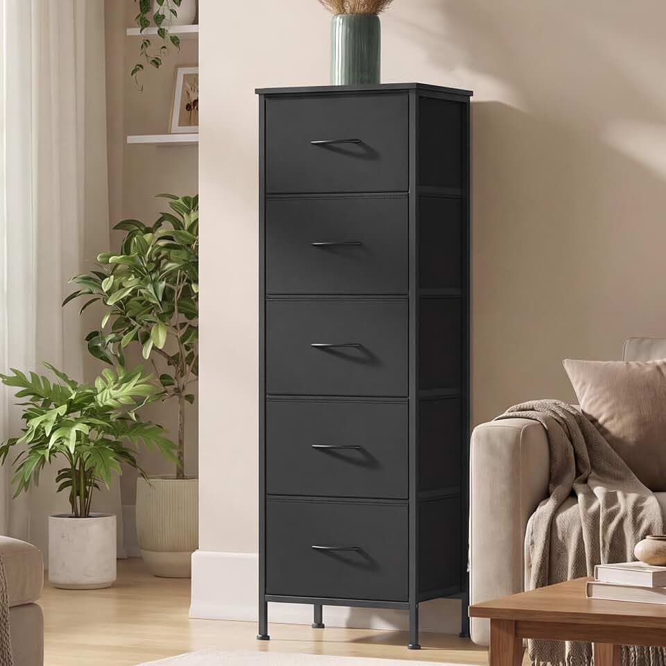SONGMICS HOME 5 Drawer Dresser for Bedroom, Fabric Chest of Drawers, Closet Organizers and Clothing Storage Cabinet, Black