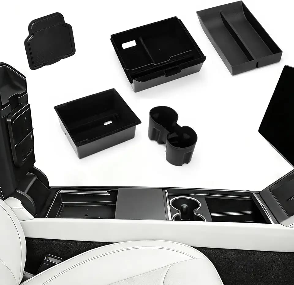 5 Pcs Zubehör für Tesla Model Y 2025-2026 Juniper Mittelkonsole Organizer, Silikon Organizer Tray,2 Organizer aus Flockung, 1 Getränkehalter & 1 Unter der Mittelkonsole aus TPE, 1 Versteckte Box