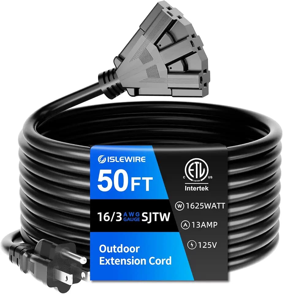 50 FT 3 Outlet Outdoor Extension Cord Waterproof, 16/3 SJTW Black Extension Cord with Multiple Outlets, Heavy Duty 16 Gauge 3-Prong Grounded Power Cable for Garden and Home Use, ETL Listed
