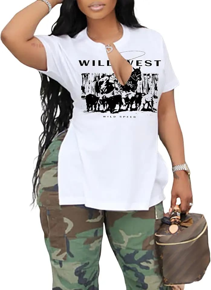 LovelyWholesale Womens Graphic Tees Sexy V Neck T Shirts Short Sleeve Side Slit Summer Tops Wild West White XX-Large