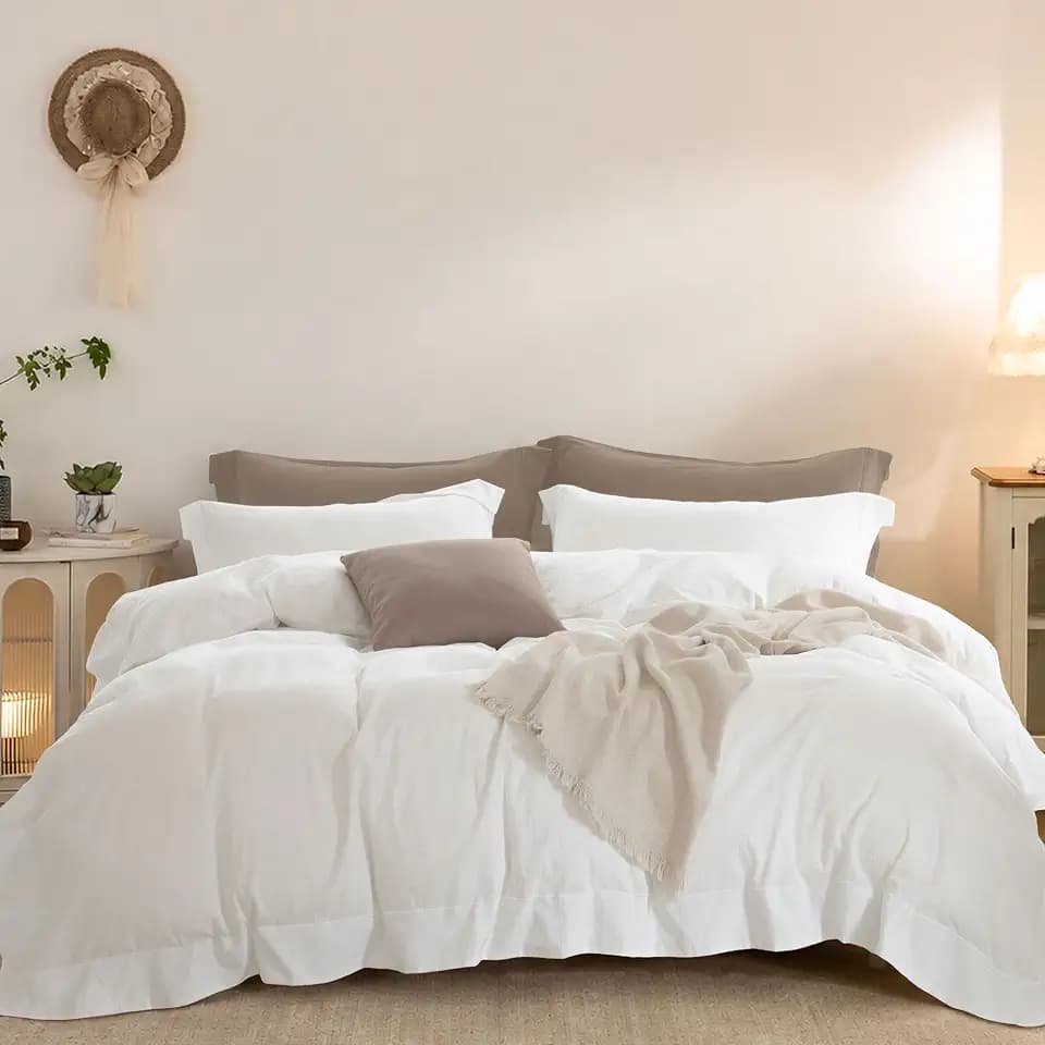 Duvet Cover Set Washed Cotton Embroidered Hem Full 3‑Pcs