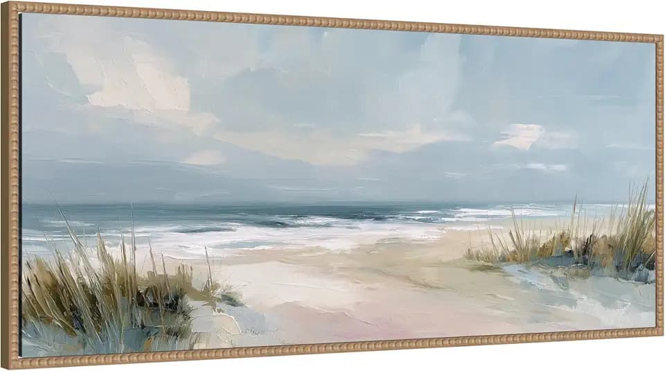 Kate and Laurel Framed Canvas Wall Art Print Beach Sand and Sky Panel by The Creative Bunch Studio, 40 x 18 Sylvie Beaded Rustic Natural Frame, Coastal, Beach Art for Wall Decor