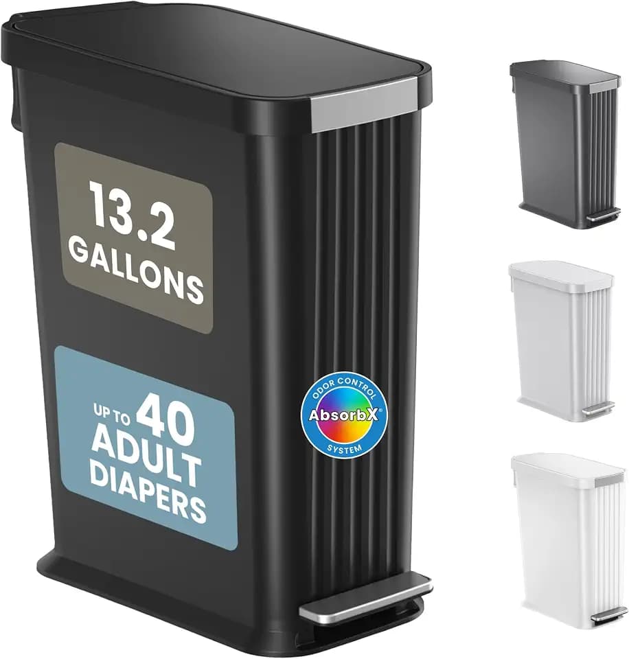 Patented 13 Gallon STEP Adult Diaper Pail, Fits Kitchen Bags, Odor Filter Trash Can, Large 40+ Diapers Capacity, No Refills Needed, Incontinence Underwear & Nursery Diapers, ADA Compliant, Matte Black