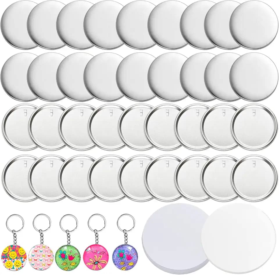 Milkary 250Pcs Button Maker Keychain Supplies, 50 Sets 58mm Metal Keychain Making Supplies for Button Maker Machine, Badge Sets with Metal Shell Back Cover Transparent Film Blank Paper Chain