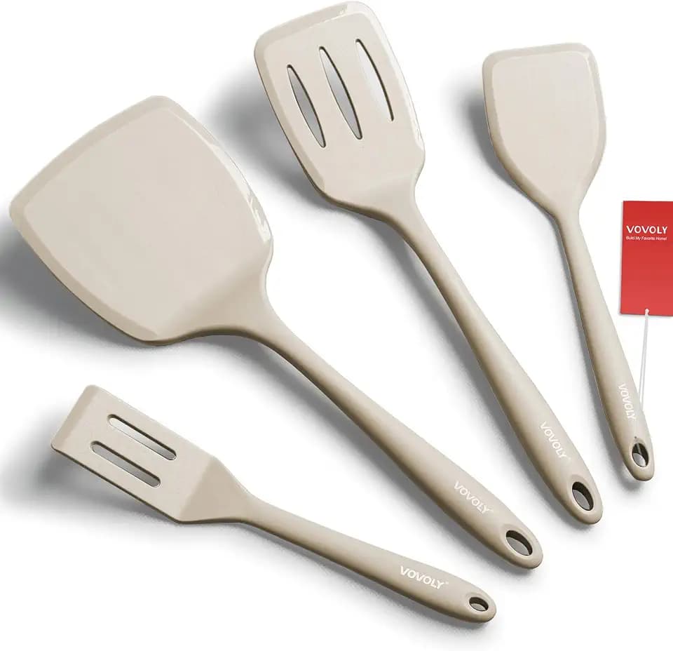 Silicone Spatula Set, 600°F Heat Resistant Kitchen Utensils, 4-Pcs, Khaki
