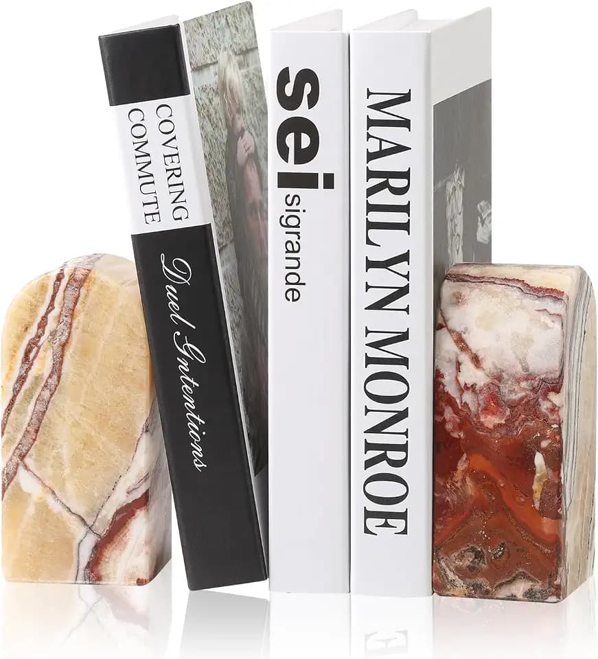 Koville Mexican Natural Marble Bookends for Shelves, Decorative Book Ends, 7lbs Heavy-Duty Marble Book Holders, Bookshelf Apartment Decor for Normal Books/CD/Video Games(Mexico Onyx)
