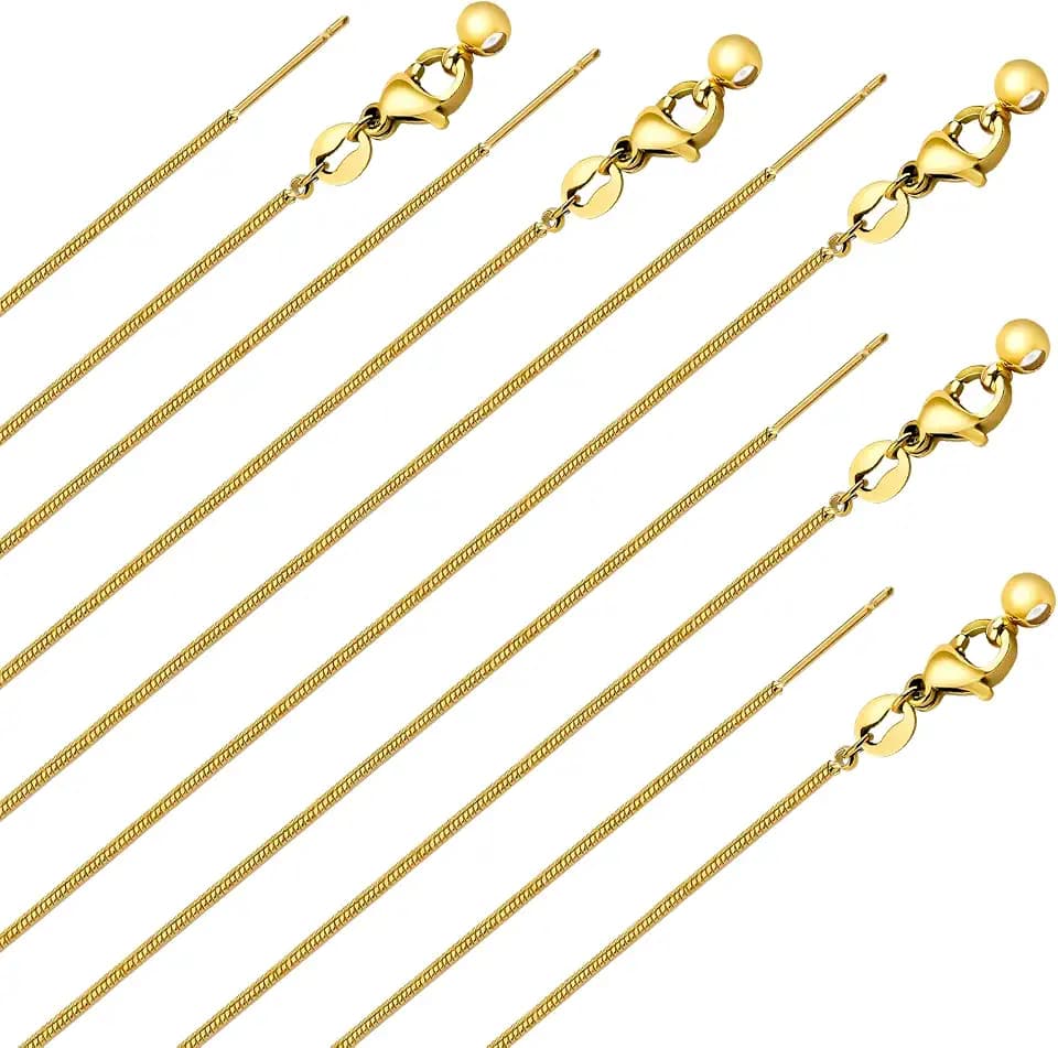 GTVOODX 10Pcs 18k Gold Plated 1mm Snake Stainless Steel Chain Necklace Bulk