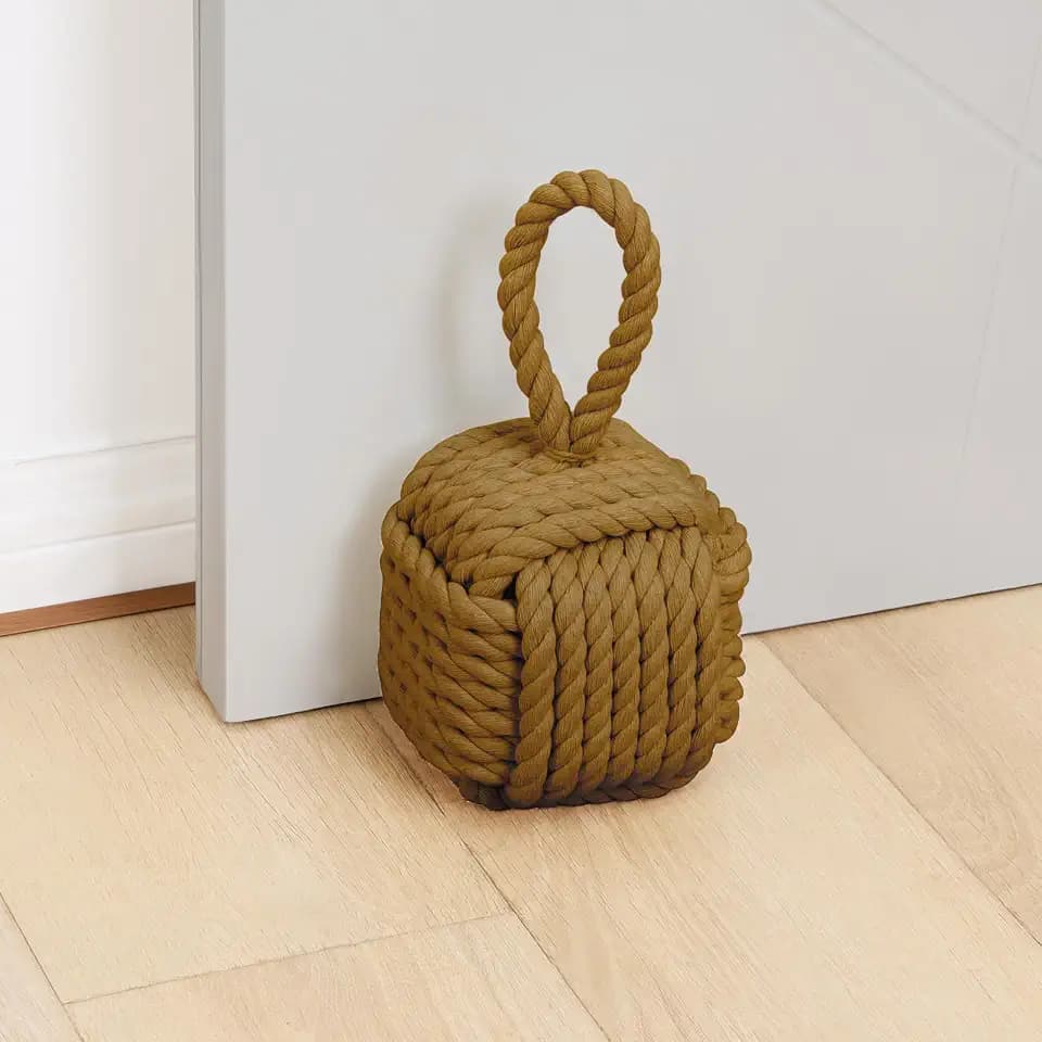 Optish Decorative Door Stoppers - Cute Rope Knot Design, Heavy Duty Weighted Doorstop with Inside Mount for Home & School, Khaki