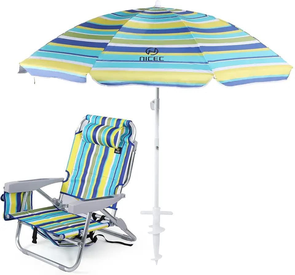 Nice C Backpack Beach Chair with Umbrella, Stripe Sand Lake Chair (1 Pack)