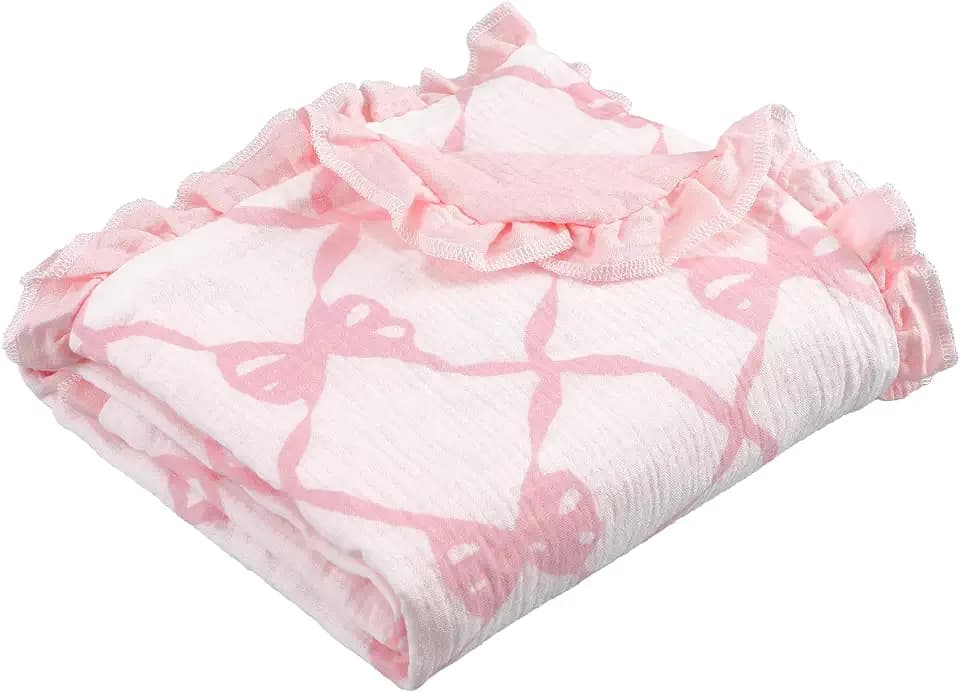 Oudain 100% Cotton Muslin Baby Blanket, Pink Bow Lace, Flounce, 40"x36"