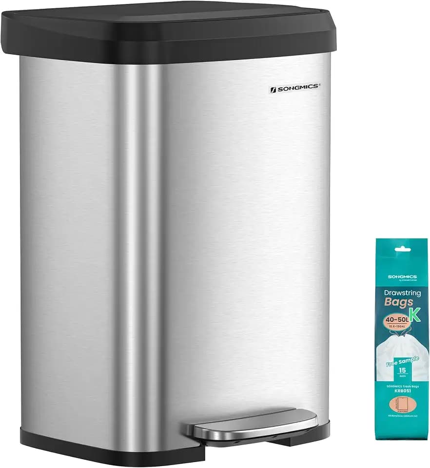 SONGMICS Kitchen Trash Can, 13-Gallon (50 L) Stainless Steel, Soft Closure