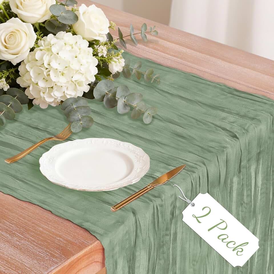 2 Pack Cheesecloth Table Runner, 120 Inch Sage Green Table Runner for Decor