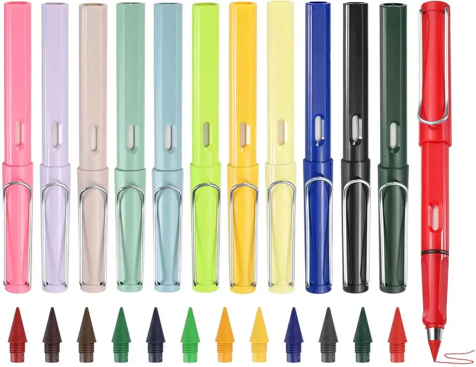 MECCANIXITY 12pcs Inkless Pencil, Reusable Forever Pencils with Eraser 12Replacable Nibs No Need Sharpened Magic Pen for Writing Drawing Sketching Home Office(12 Colors Barrel, 12 Colors Nib)