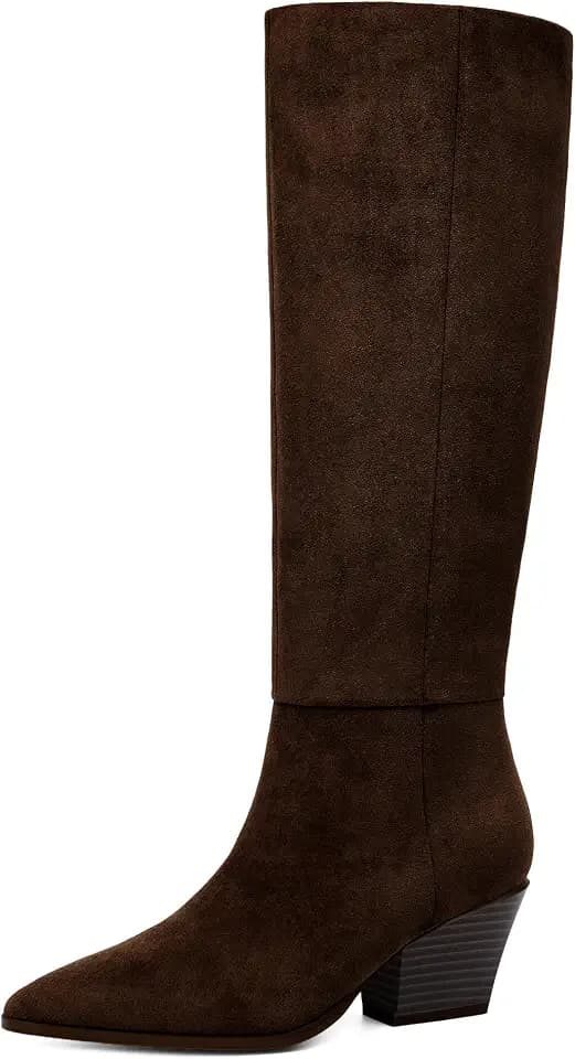 Easyfox Knee High Boots for Women Chunky Low Heel Round Toe Tall Long Boots