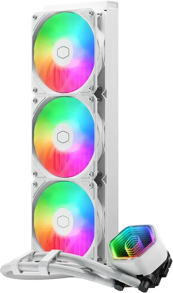 Cooler Master MasterLiquid 360 Core II Wasserkühlung – 360mm AIO Wasserkühlsystem (max. 280 W TDP), GR9-Doppelkammerpumpe, verbesserte ARGB-Gen-2-Lüfter, schnell montierbare AMD- und Intel-Kits – Weiß