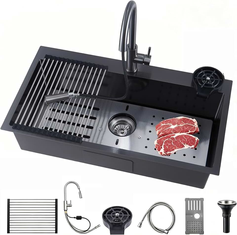 33 Inch Drop In Kitchen Sink,16-Gauge Stainless Steel Single Bowl Deep Kitchen Sinks with Faucet & Glass Washer and Bottom Protector and Other Accessories (Matte Black, 33 * 18 inch)