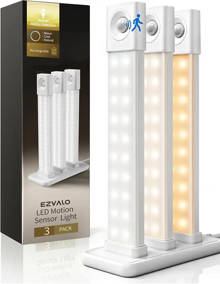 EZVALO Under Cabinet Lighting with Charging Station, 8 inch Motion Sensor Light Indoor, 1100mAh Rechargeable LED Light, 3 Color Temperatures, Dimmable Counter Lights for Kitchen, Closet, Stair (3Pack)