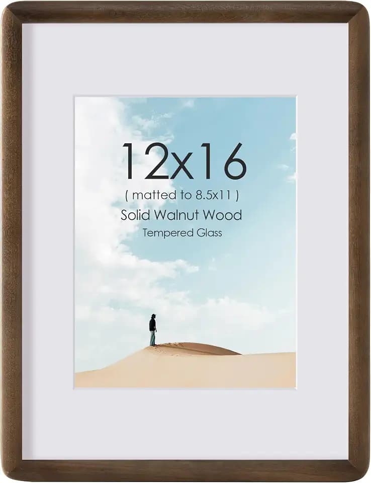 Acovy 12x16 Solid Walnut Wood Picture Frame with Mat for 8.5x11 Photos, 12x16 Curved Wood Photo Frame with Tempered Glass,Rounded Corner 12 x 16 Picture Frame for Wall Hanging or Tabletop Display