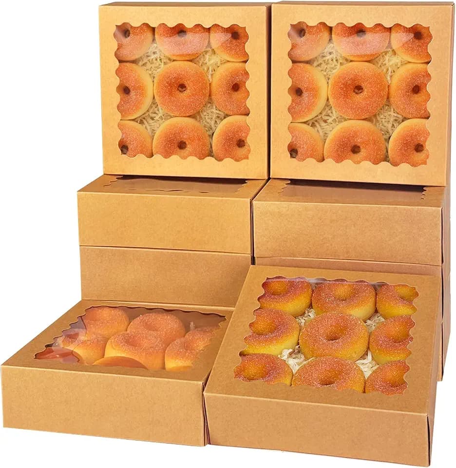 qiqee Auto-pop Up 90pcs Brown Pastry Box With Window Donut Pie Boxes 8"x8"x2.5" Bakery Box
