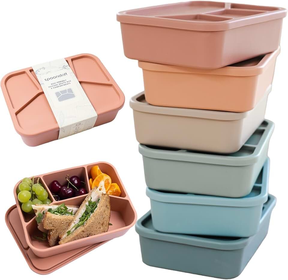 Spoondrift 100% Food Grade Eco-Friendly Leak-Proof Silicone Bento Box Lunchbox, Microwave Safe | For Child And Adult, 4 Compartment, Choose from 6 Colors, Includes 1 Box (Terracotta)